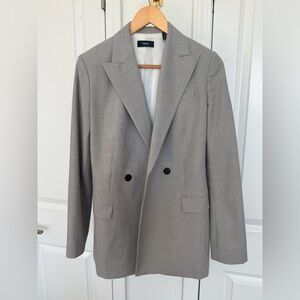 Theory Tailor Double Breasted Houndstooth Blazer in Navy and Grey/Cream